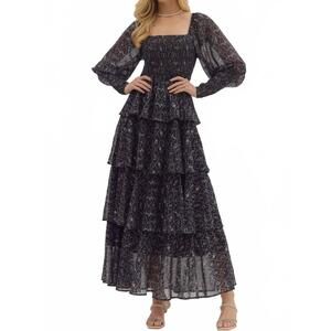 NEW ENTRO tiered puff sleeved floral maxi dress in black